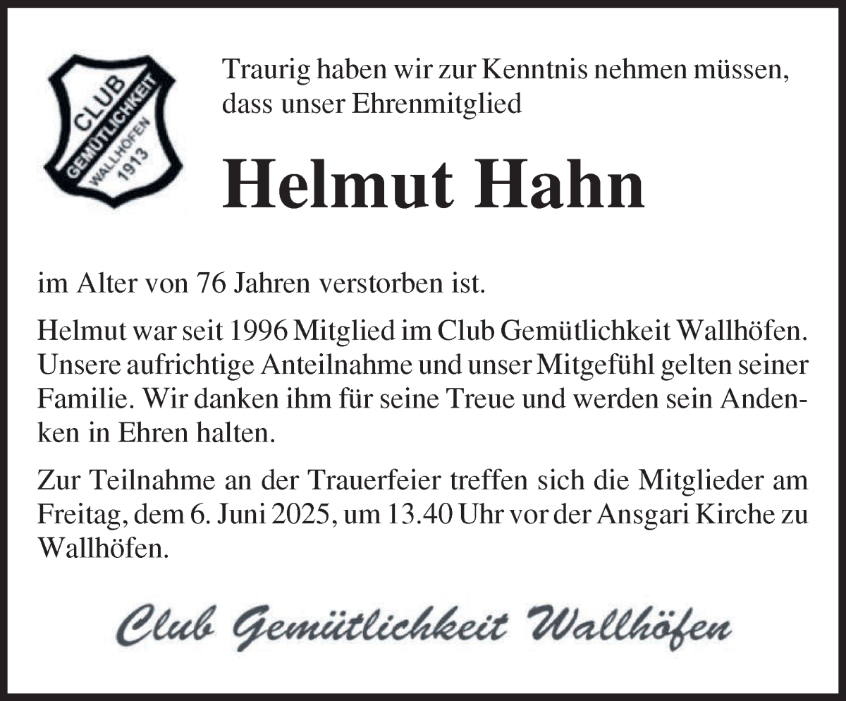 Traueranzeige von Helmut Hahn von Osterholzer Kreisblatt