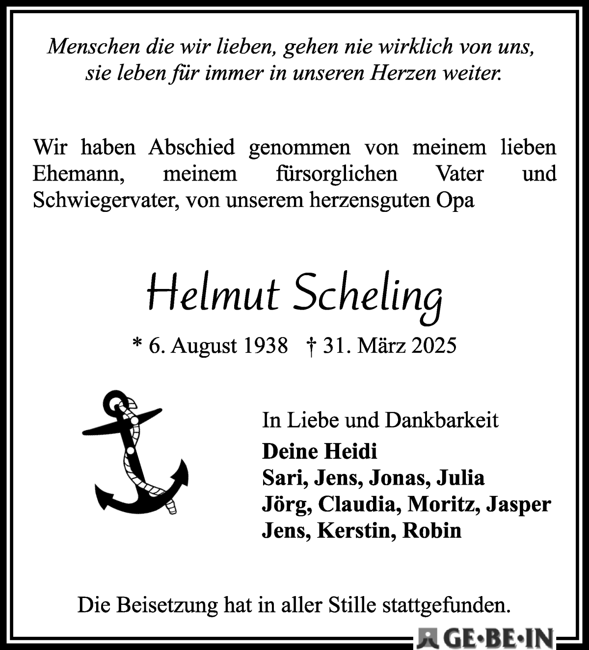 Traueranzeige von Helmut Scheling von WESER-KURIER
