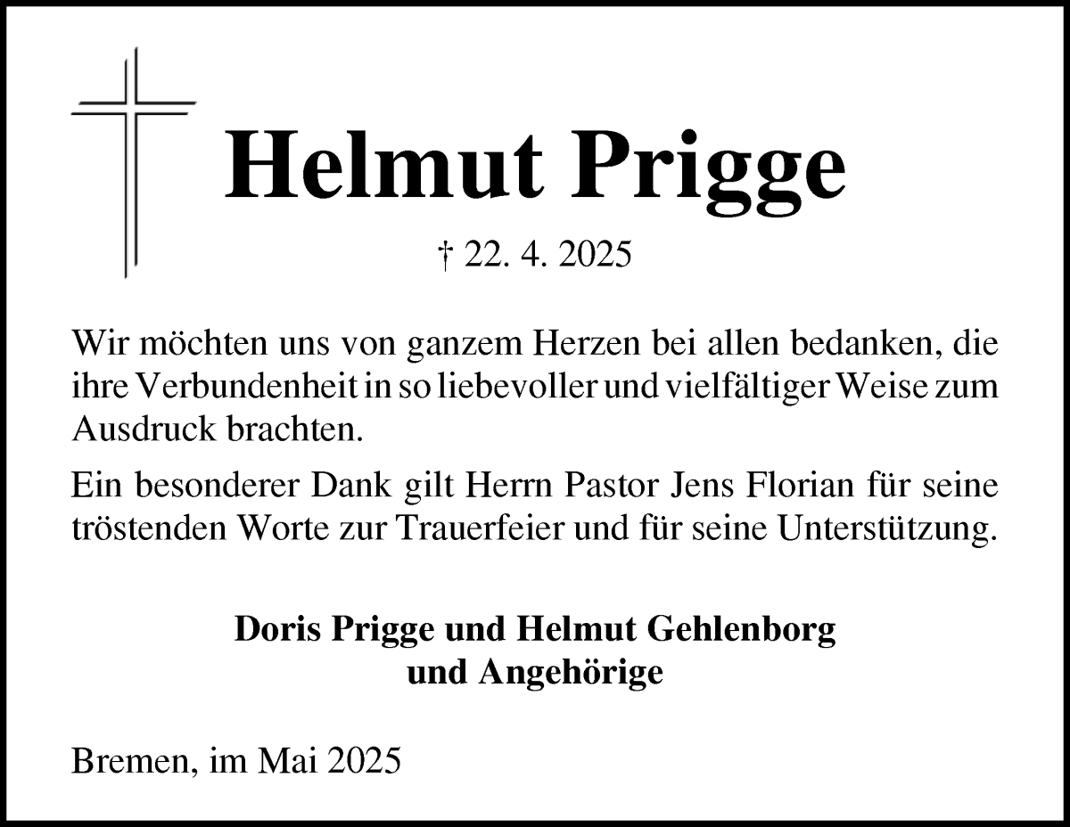 Traueranzeige von Helut Prigge von Die Norddeutsche