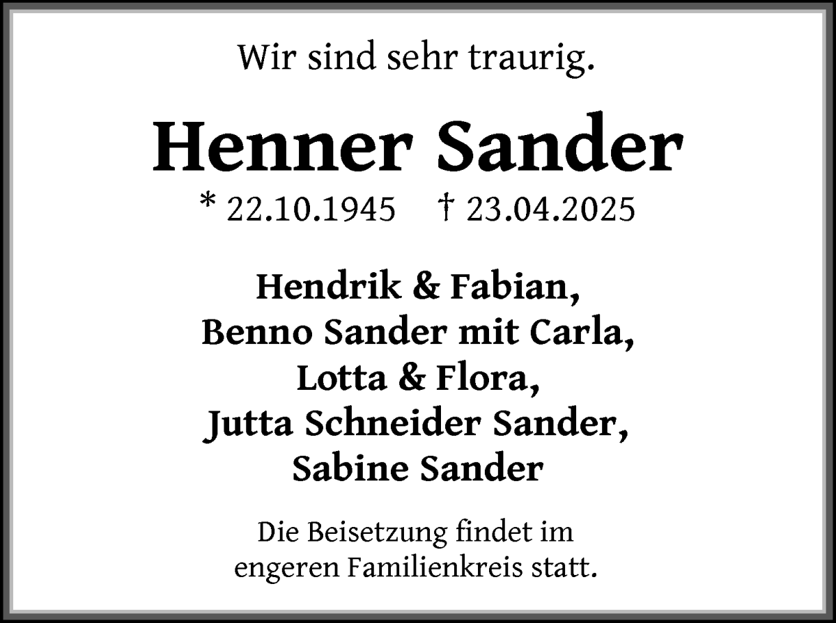 Traueranzeige von Henner Sander von WESER-KURIER
