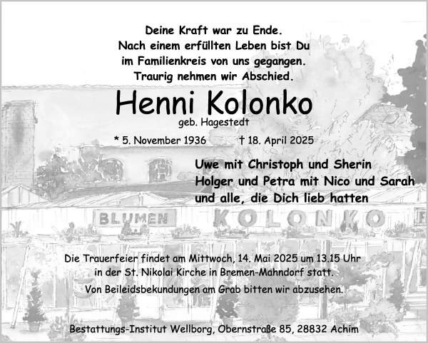 Traueranzeige von Henni Kolonko von WESER-KURIER