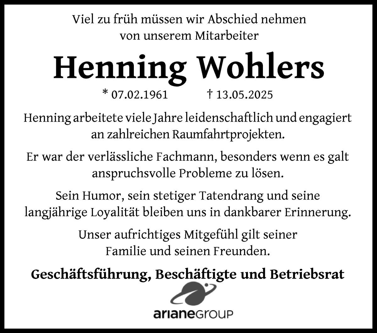 Traueranzeige von Henning Wohlers von WESER-KURIER