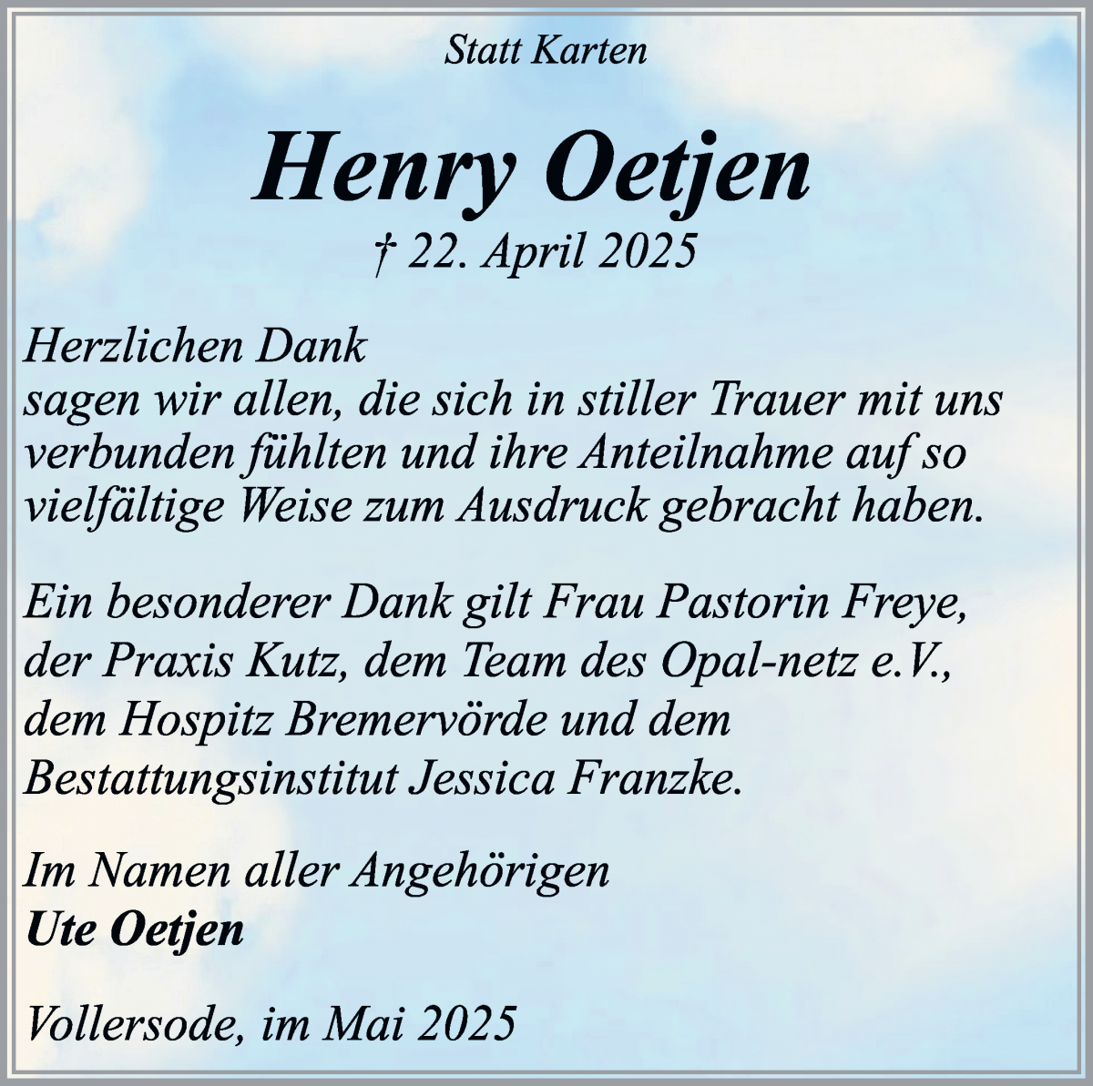 Traueranzeige von Henry Oetjen von Osterholzer Kreisblatt