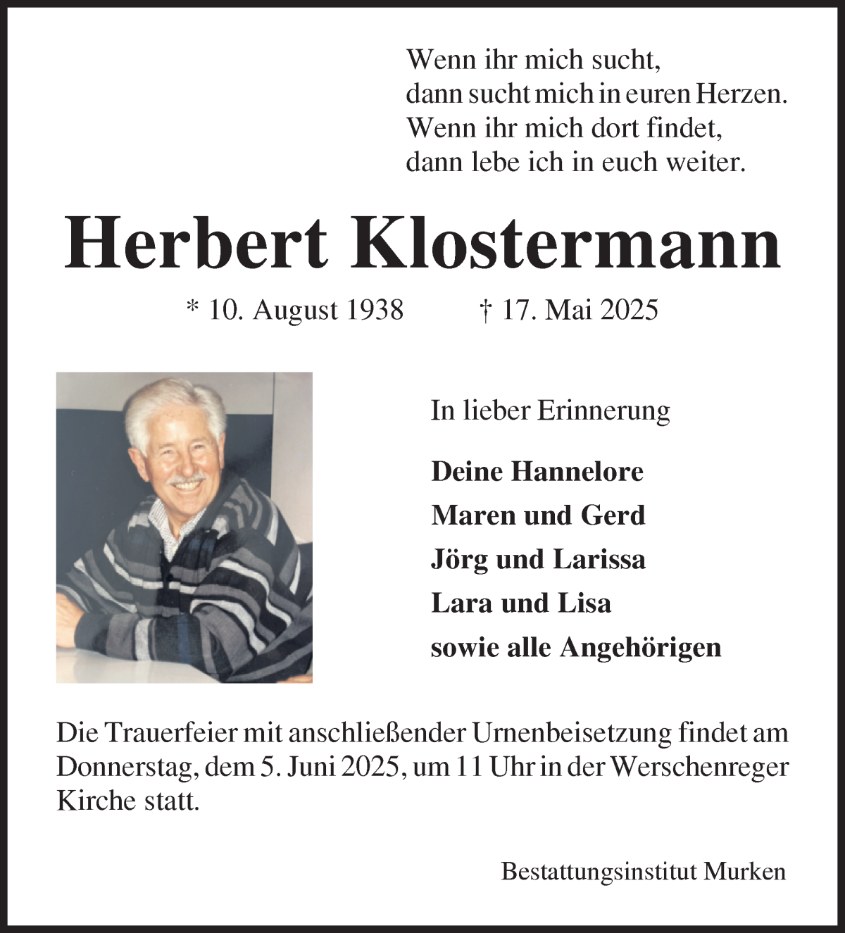 Traueranzeige von Herbert Klostermann von Osterholzer Kreisblatt