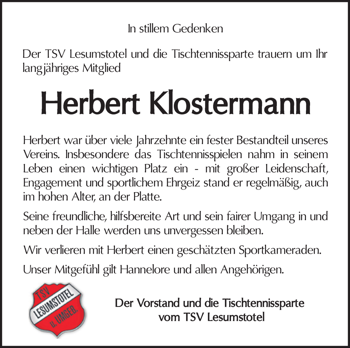 Traueranzeige von Herbert Klostermann von Wuemme Zeitung
