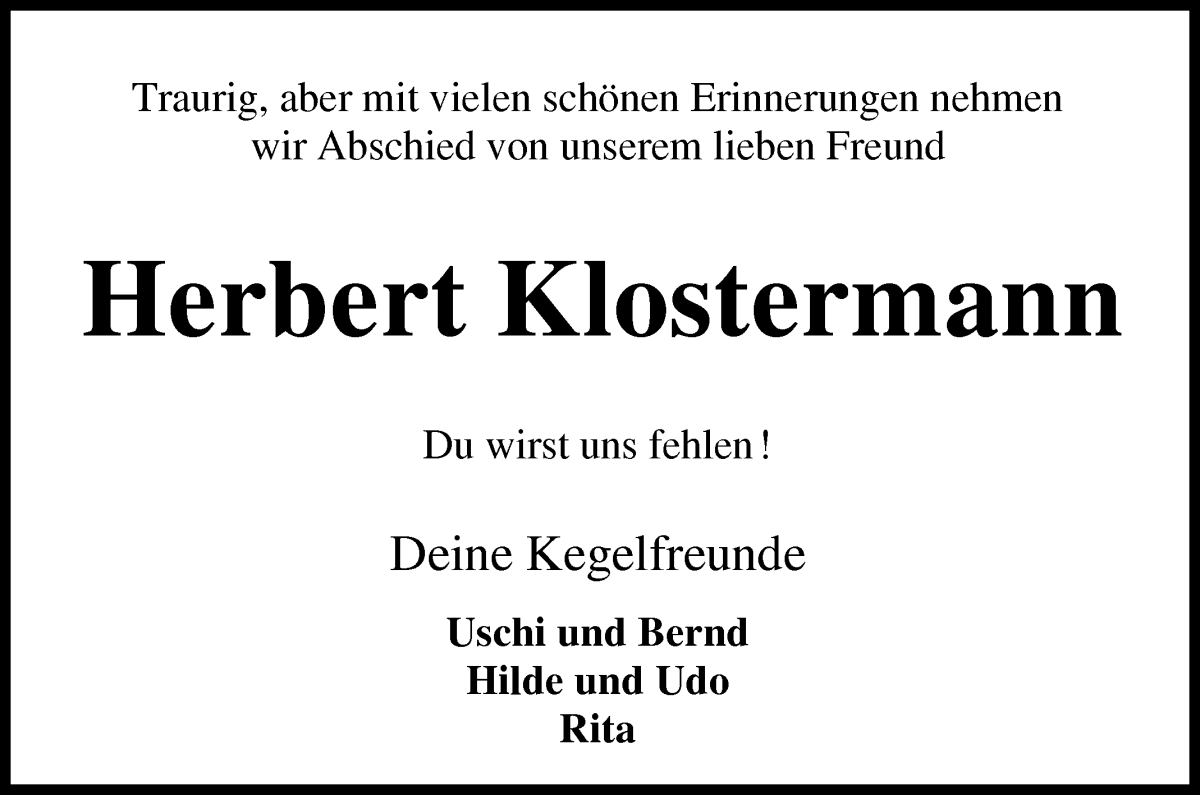 Traueranzeige von Herbert Klostermann von Osterholzer Kreisblatt