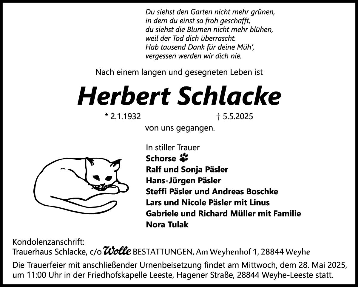 Traueranzeige von Herbert Schlacke von Die Norddeutsche
