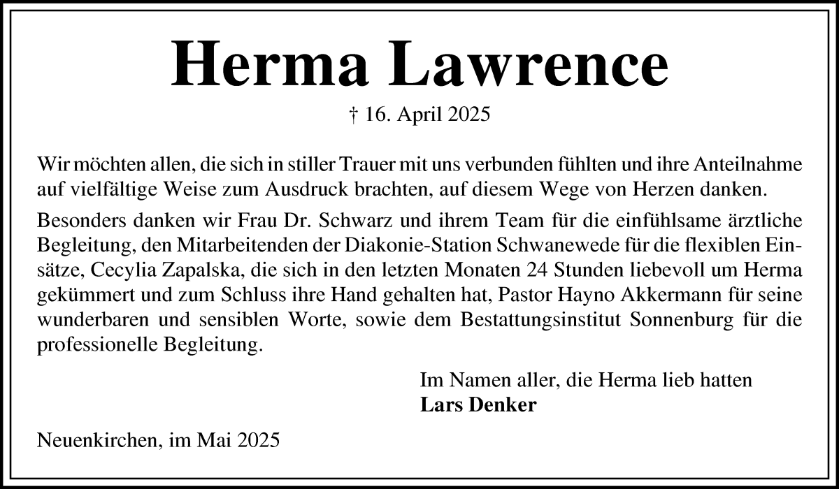 Traueranzeige von Herma Lawrence von Die Norddeutsche