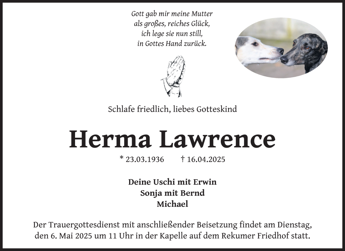 Traueranzeige von Herma Lawrence von Die Norddeutsche