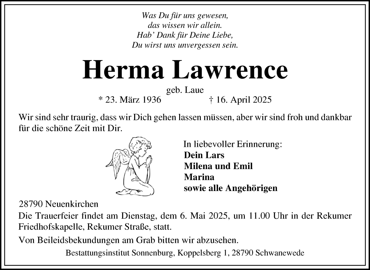 Traueranzeige von Herma Lawrence von Die Norddeutsche