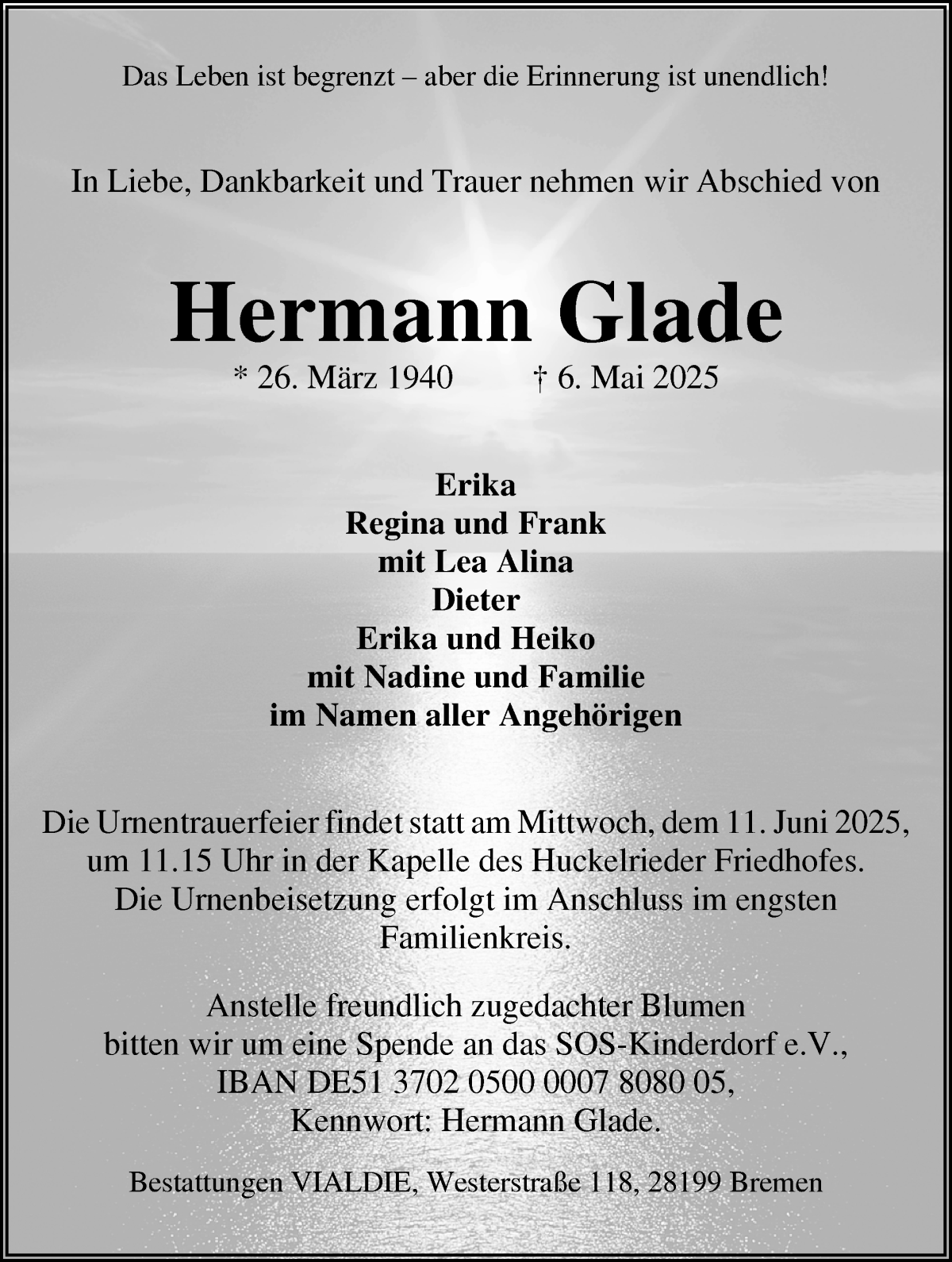 Traueranzeige von Hermann Glade von WESER-KURIER