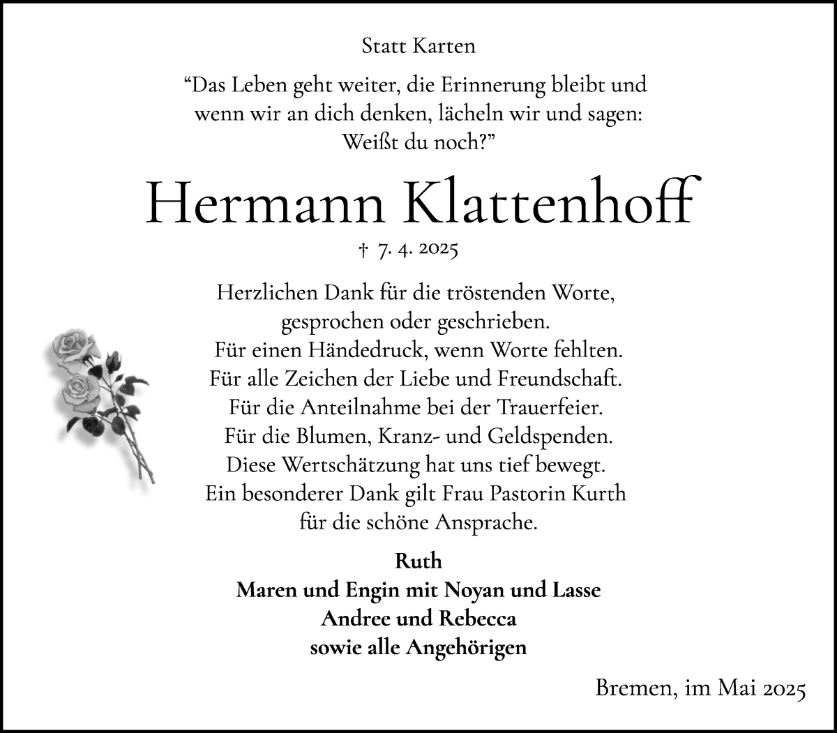 Traueranzeige von Hermann Klattenhoff von WESER-KURIER