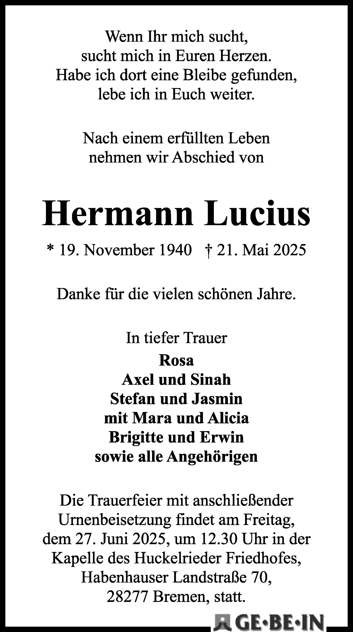 Traueranzeige von Hermann Lucius von WESER-KURIER