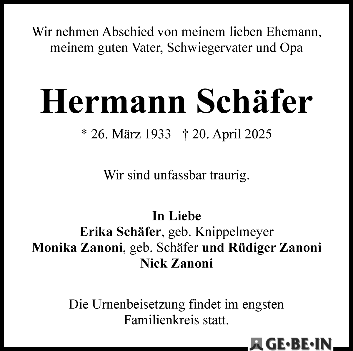 Traueranzeige von Hermann Schäfer von WESER-KURIER