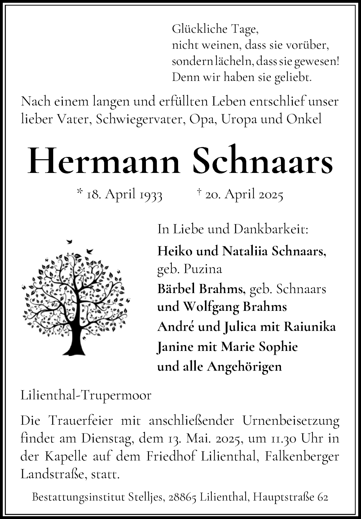 Traueranzeige von Hermann Schnaars von Wuemme Zeitung