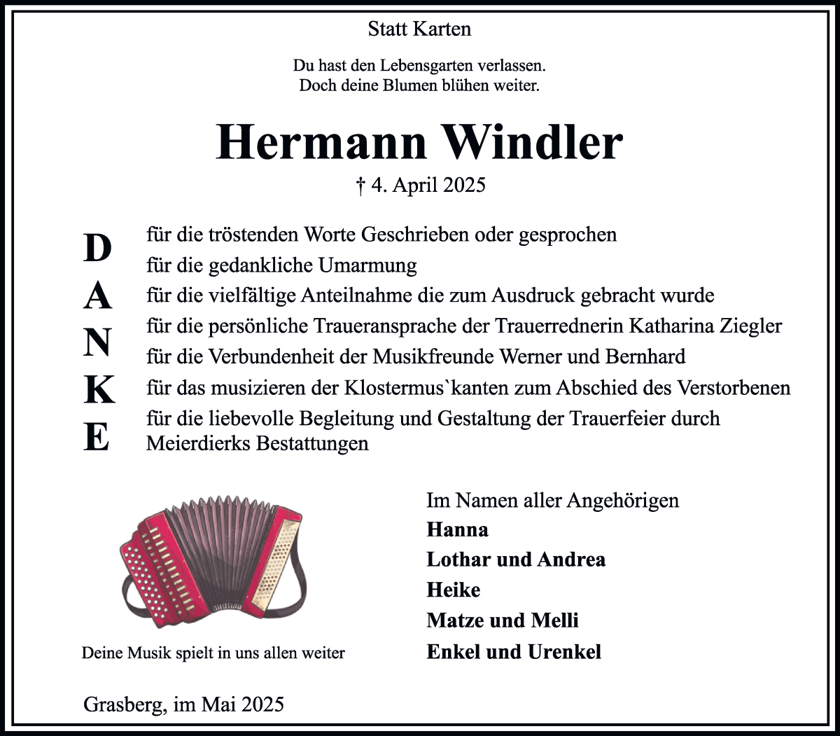 Traueranzeige von Hermann Windler von Wuemme Zeitung