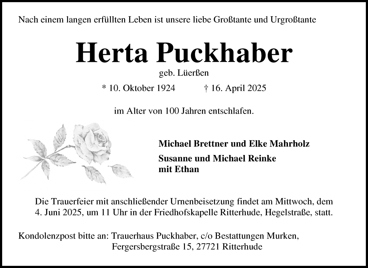 Traueranzeige von Herta Puckhaber von Osterholzer Kreisblatt