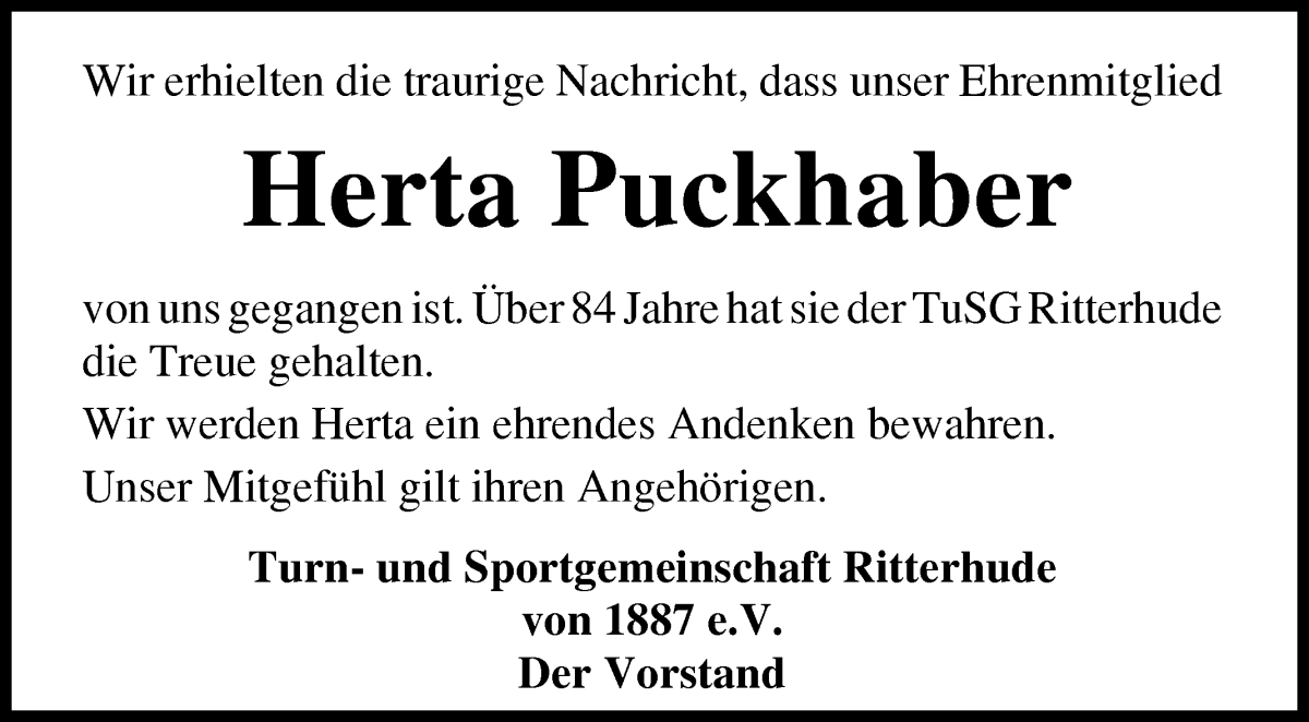 Traueranzeige von Herta Puckhaber von Osterholzer Kreisblatt