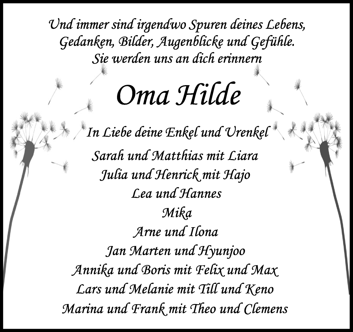 Traueranzeige von Hilde  von Wuemme Zeitung