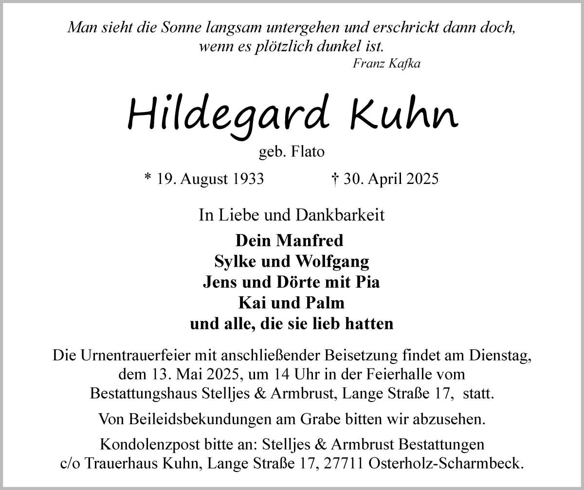 Traueranzeige von Hildegard Kuhn von Osterholzer Kreisblatt