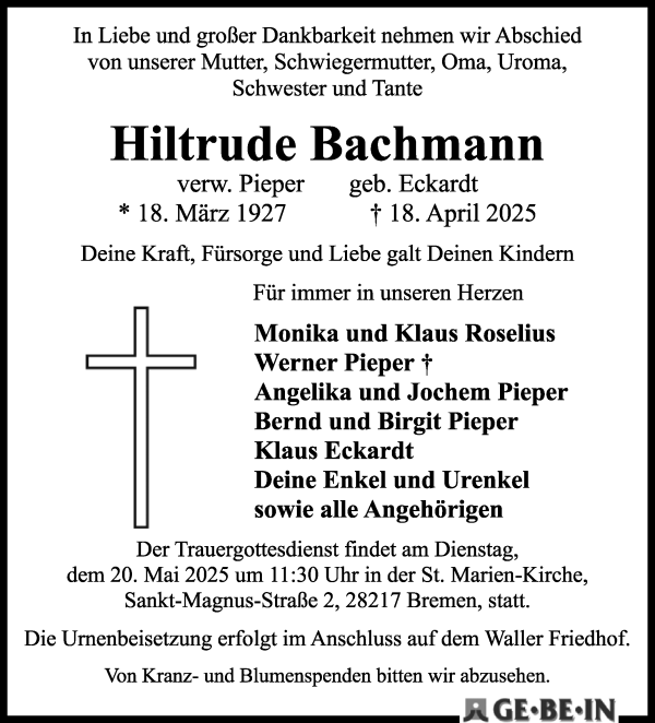 Traueranzeige von Hiltrude Bachmann von WESER-KURIER