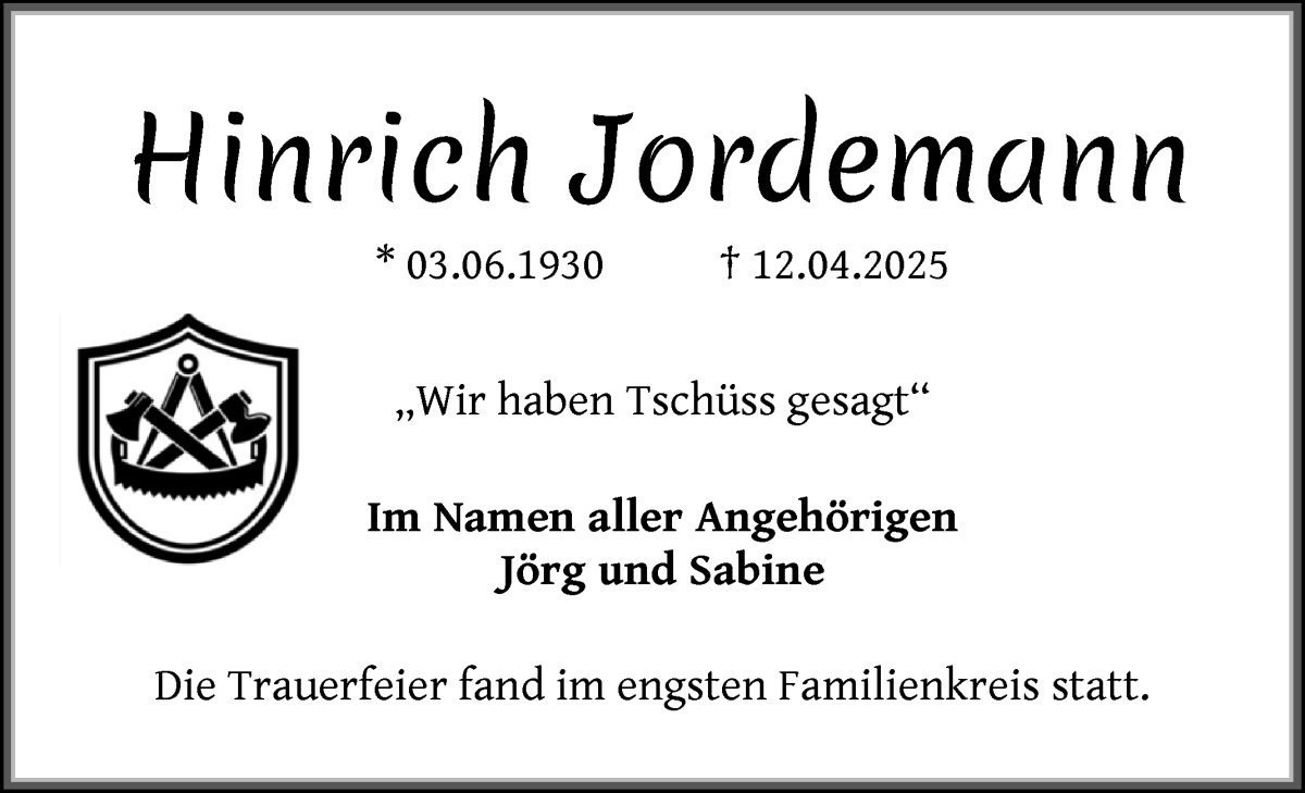 Traueranzeige von Hinrich Jordemann von WESER-KURIER