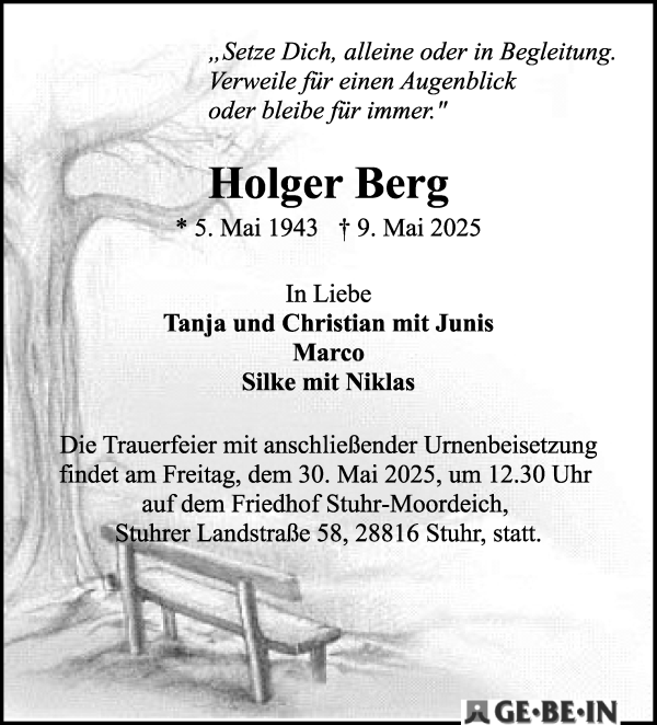 Traueranzeige von Holger Berg von WESER-KURIER