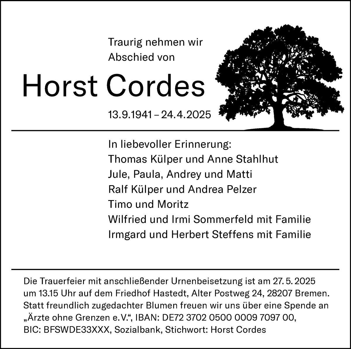 Traueranzeige von Horst Cordes von WESER-KURIER