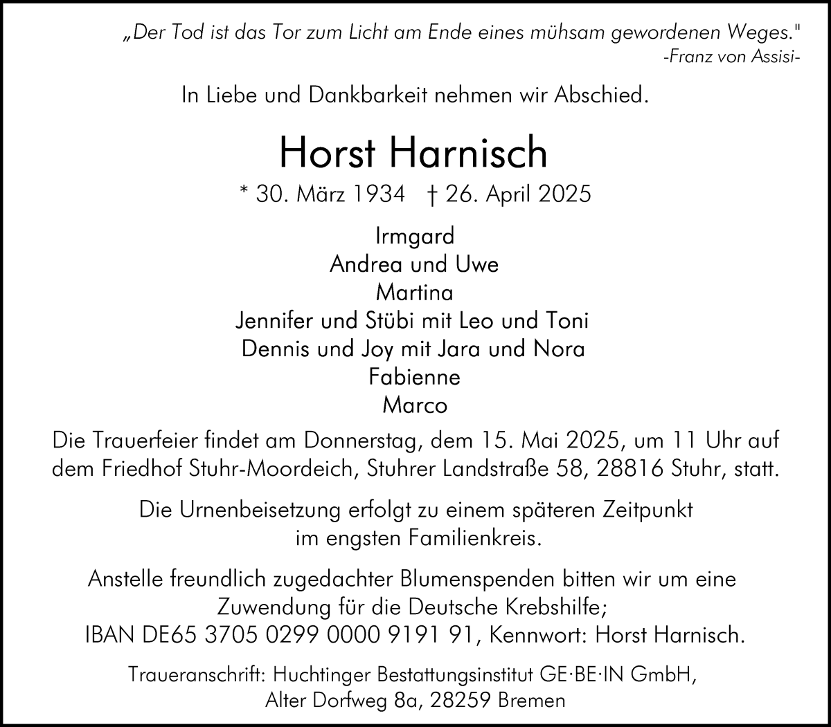 Traueranzeige von Horst Harnisch von WESER-KURIER