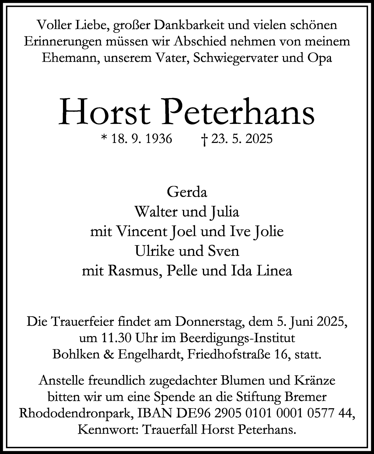 Traueranzeige von Horst Peterhans von WESER-KURIER