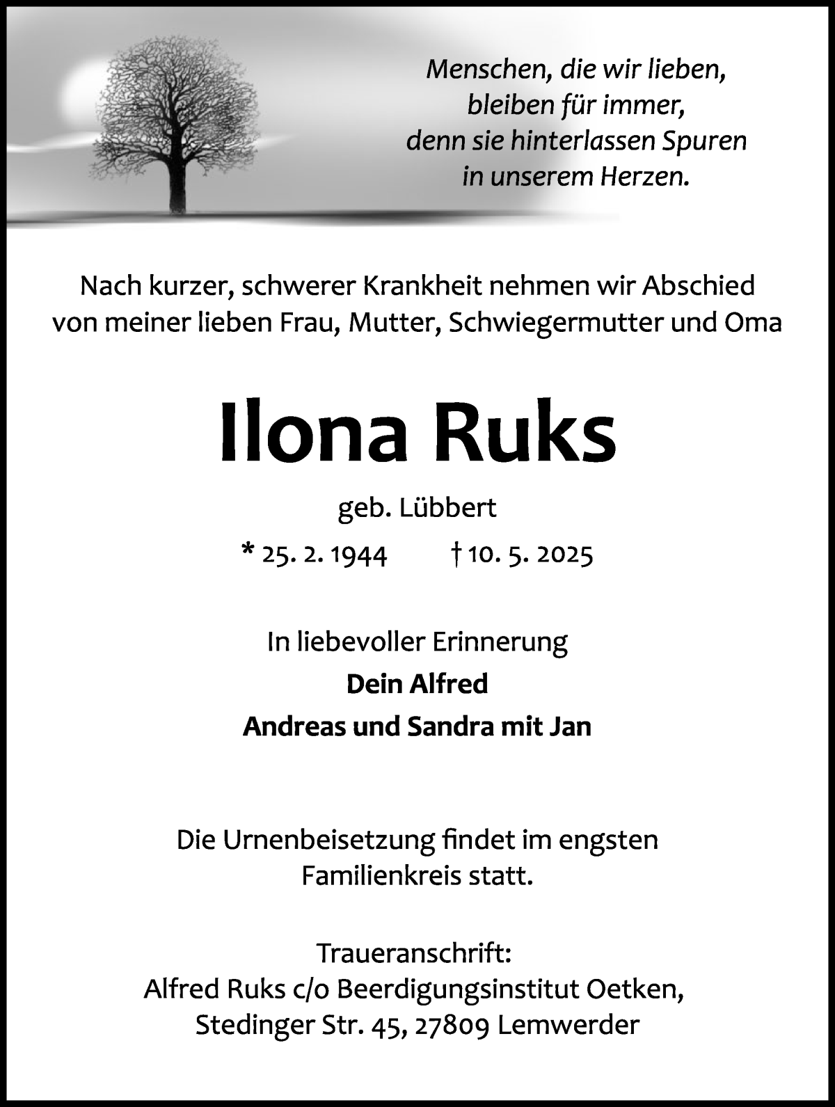 Traueranzeige von Ilona Ruks von Die Norddeutsche