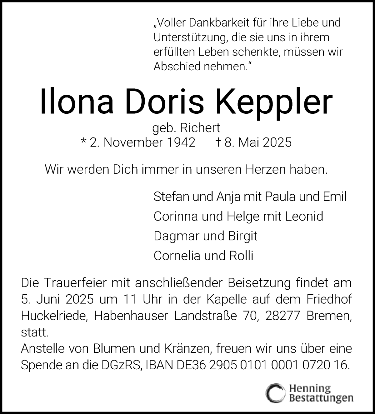 Traueranzeige von Ilona Doris Keppler von WESER-KURIER