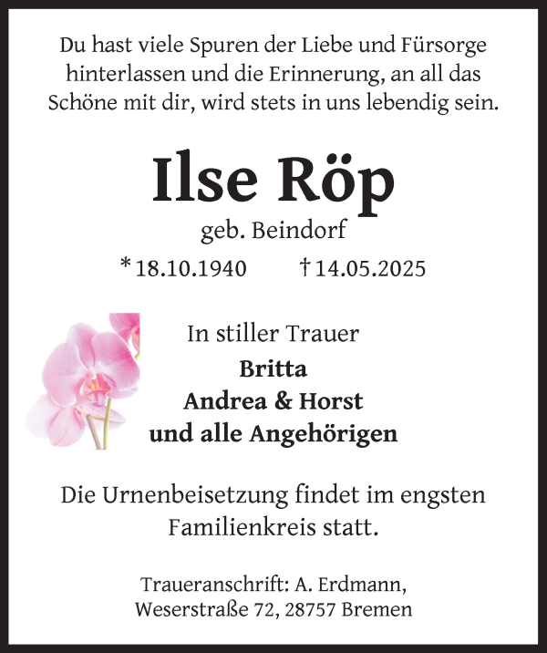 Traueranzeige von Ilse Röp von Die Norddeutsche