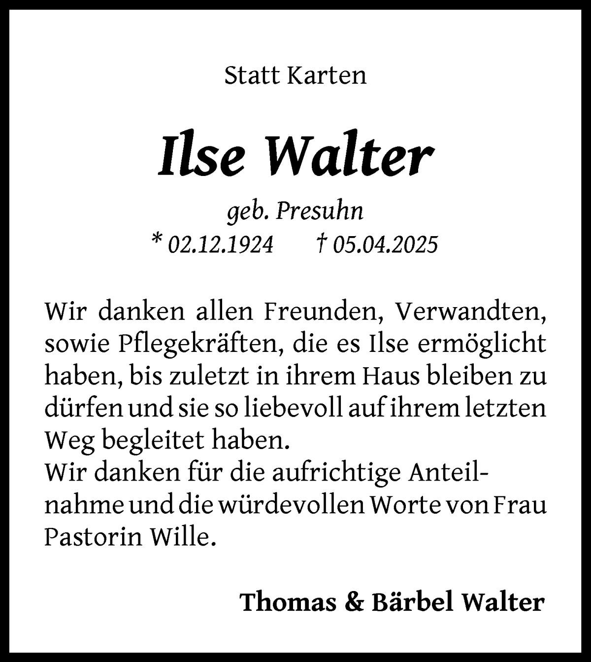 Traueranzeige von Ilse Walter von WESER-KURIER