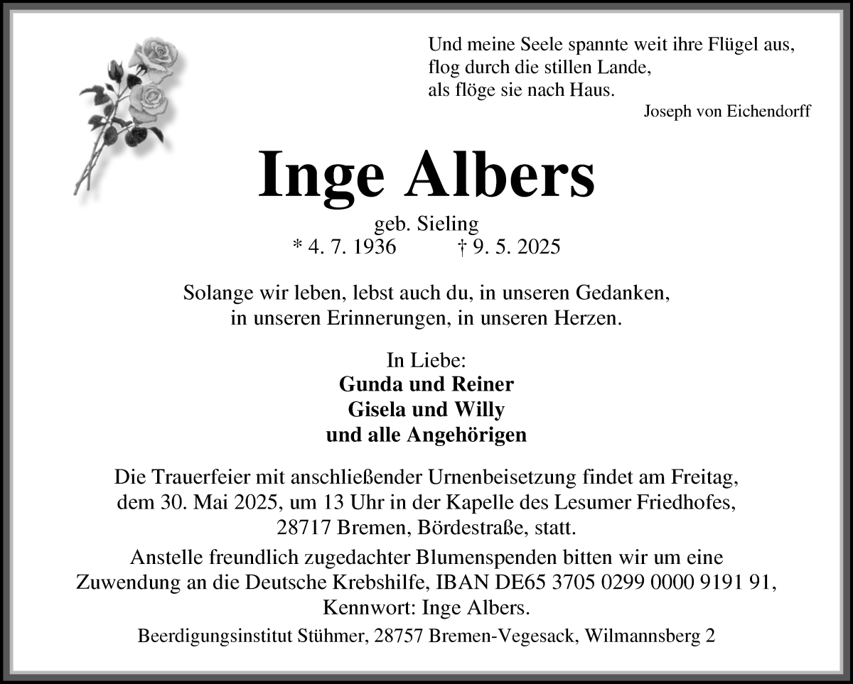 Traueranzeige von Inge Albers von WESER-KURIER