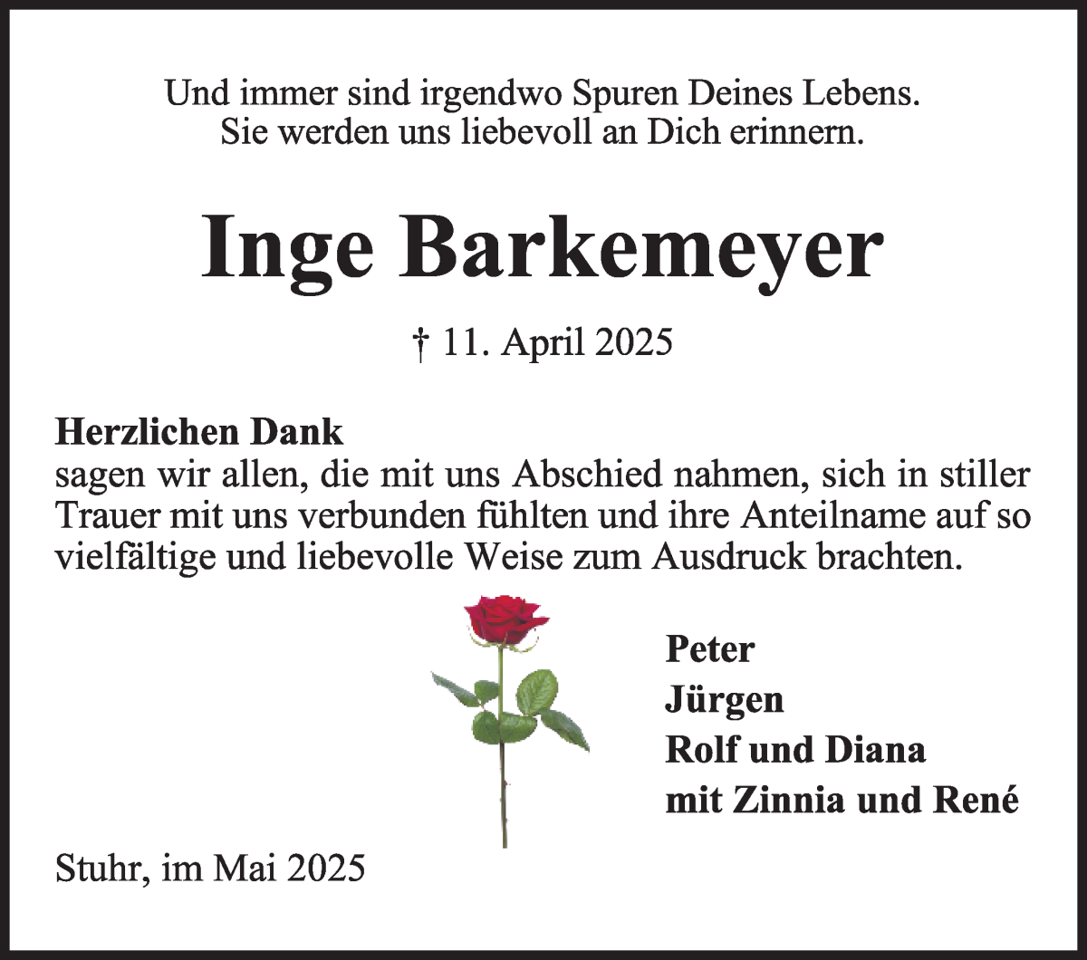 Traueranzeige von Inge Barkemeyer von Regionale Rundschau/Syker Kurier