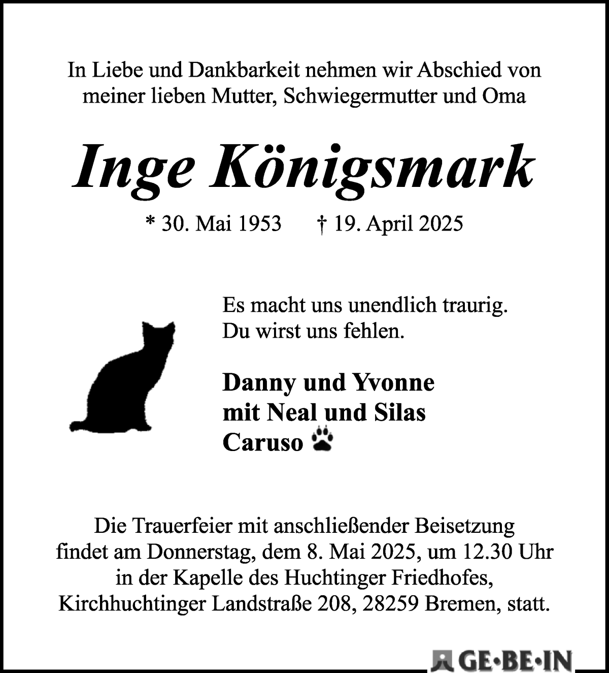 Traueranzeige von Inge Königsmark von WESER-KURIER