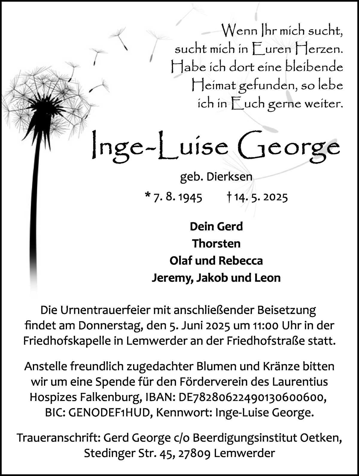 Traueranzeige von Inge-Luise George von Die Norddeutsche