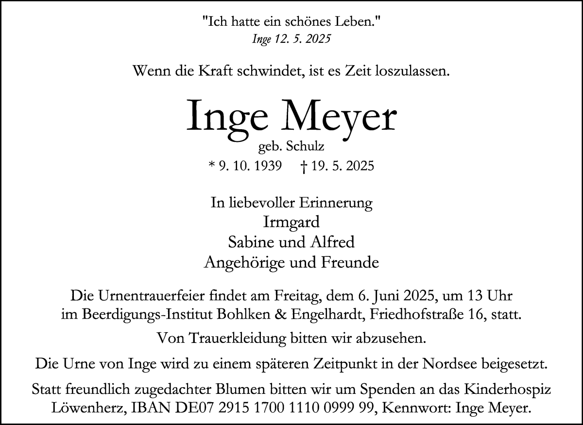 Traueranzeige von Inge Meyer von WESER-KURIER