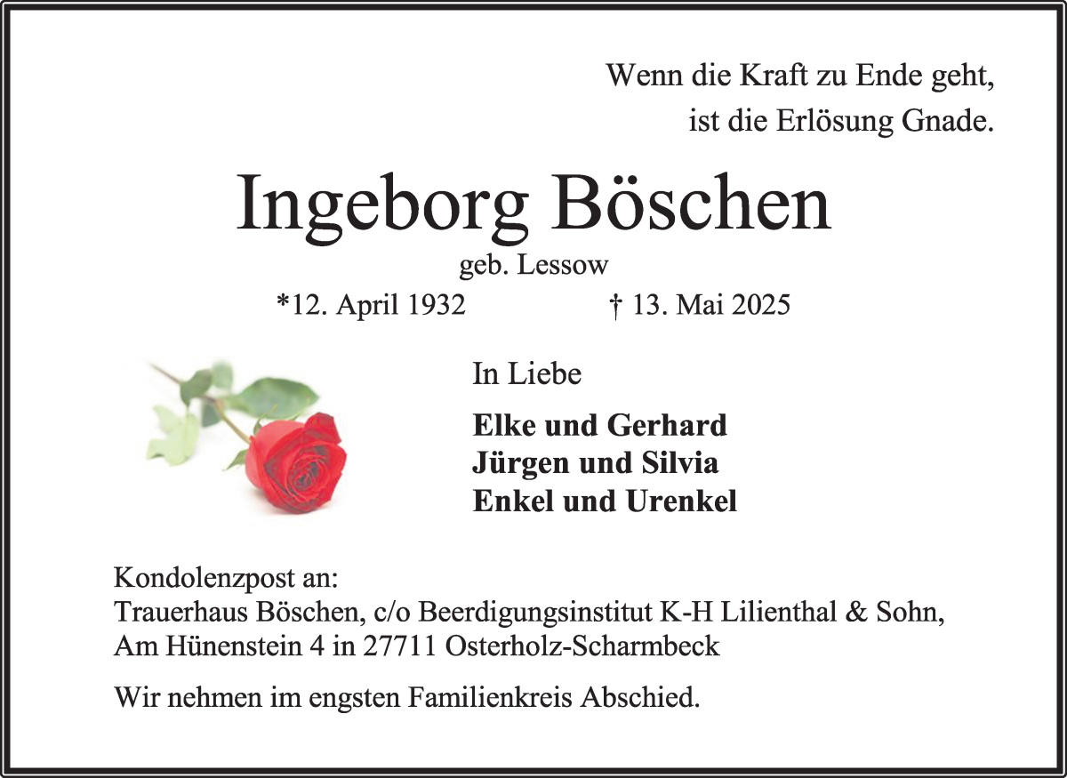 Traueranzeige von Ingeborg Böschen von Osterholzer Kreisblatt