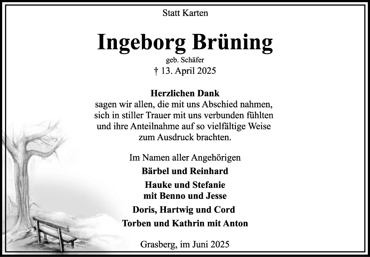 Traueranzeige von Ingeborg Brüning von Wuemme Zeitung