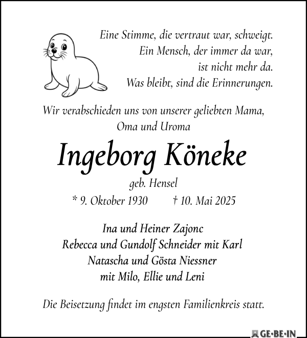 Traueranzeige von Ingeborg Köneke von WESER-KURIER