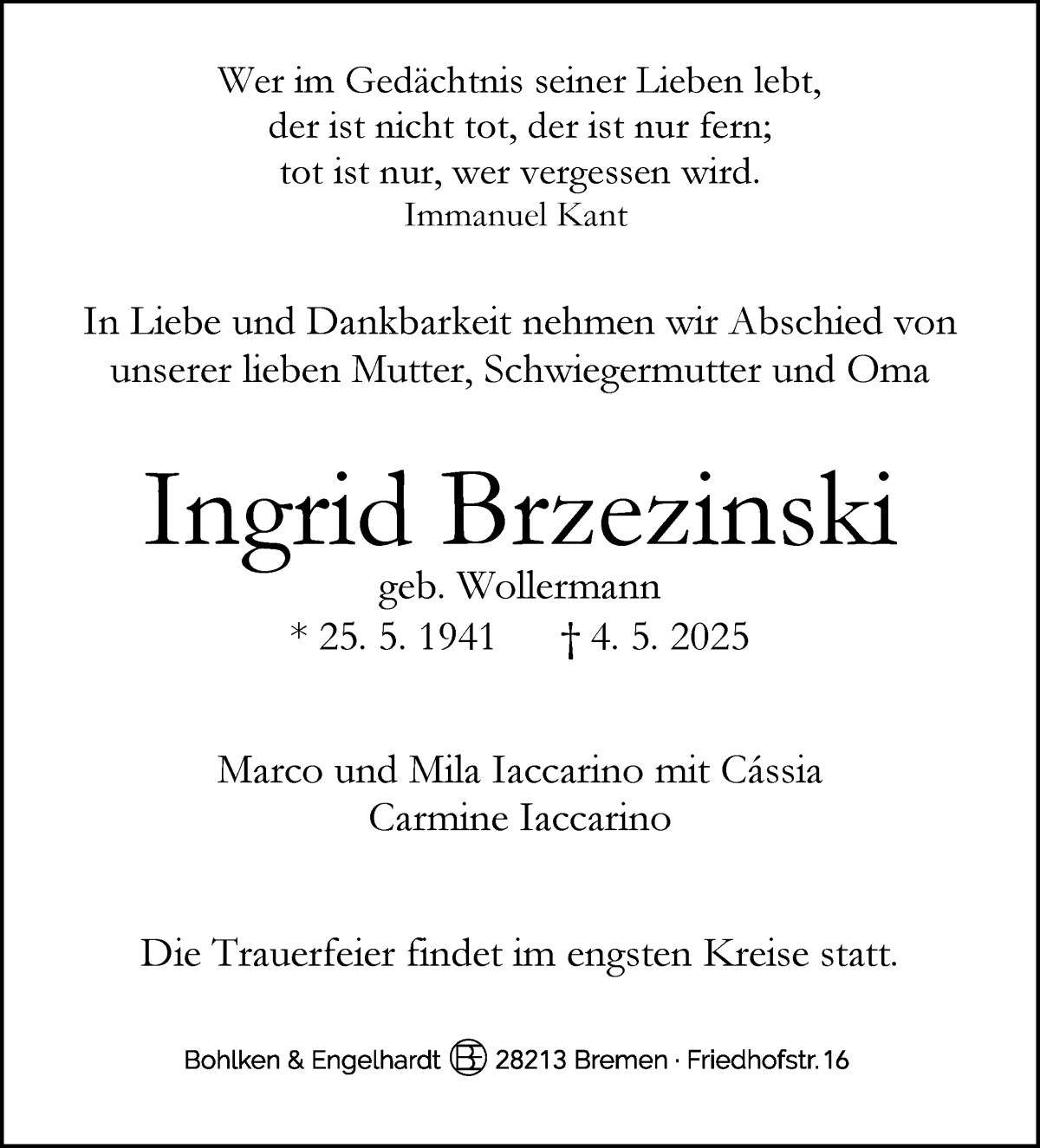 Traueranzeige von Ingrid Brzezinski von WESER-KURIER