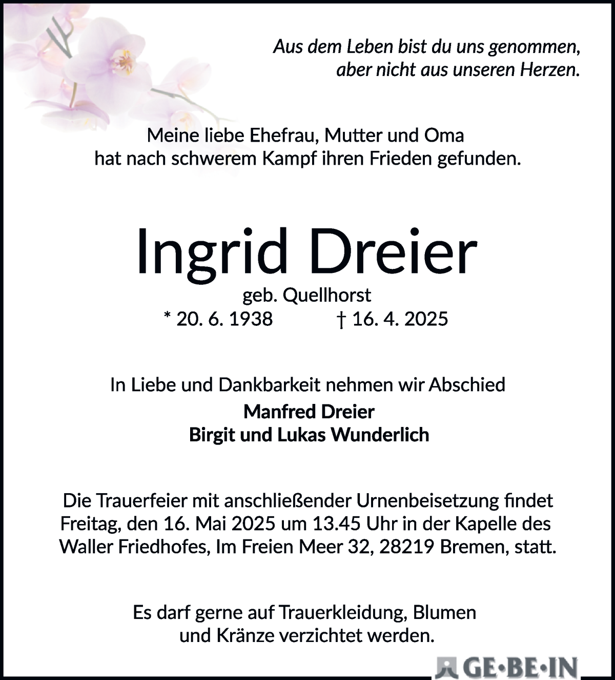 Traueranzeige von Ingrid Dreier von WESER-KURIER