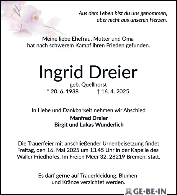 Traueranzeige von Ingrid Dreier von WESER-KURIER