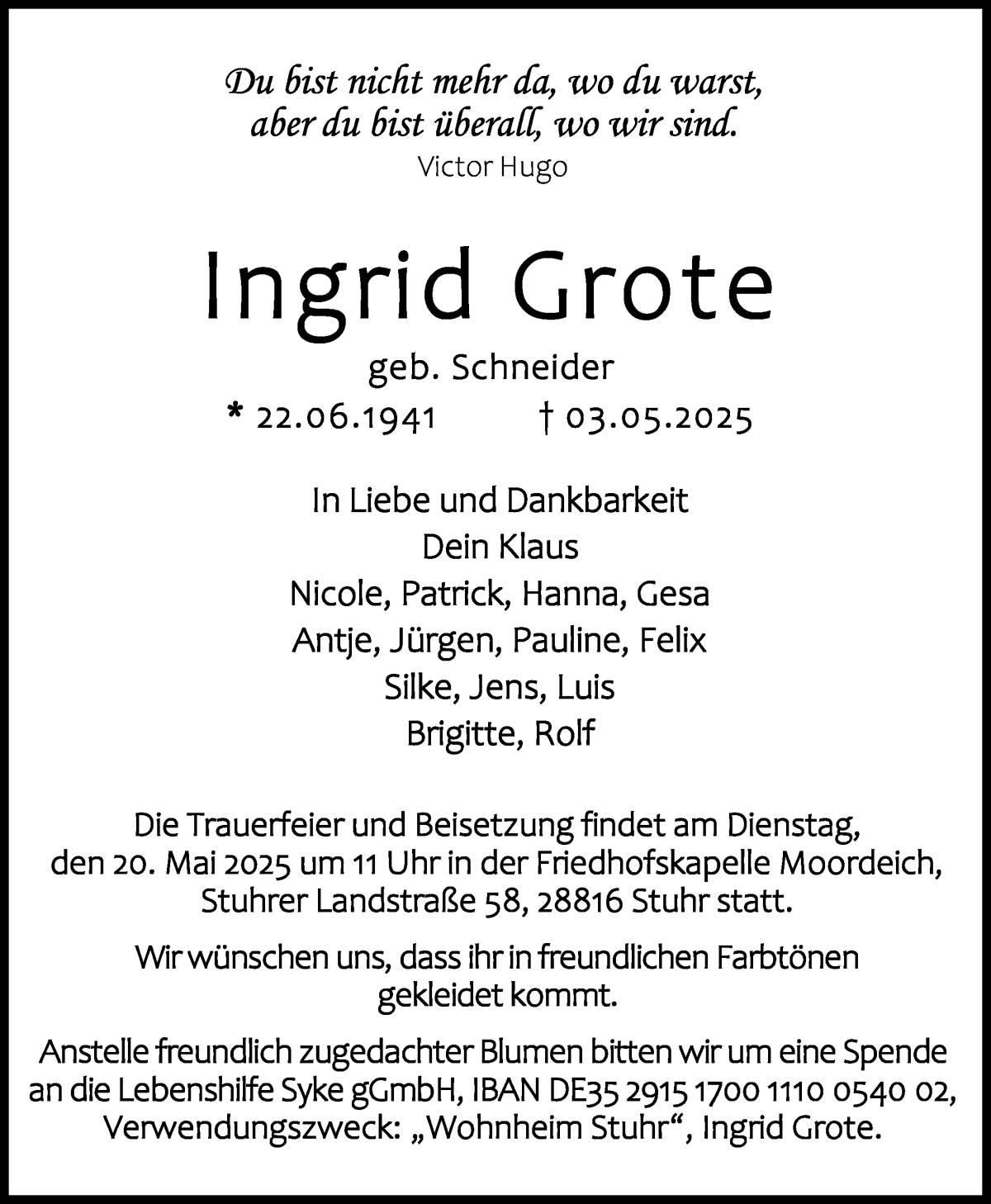 Traueranzeige von Ingrid Grote von Regionale Rundschau/Syker Kurier