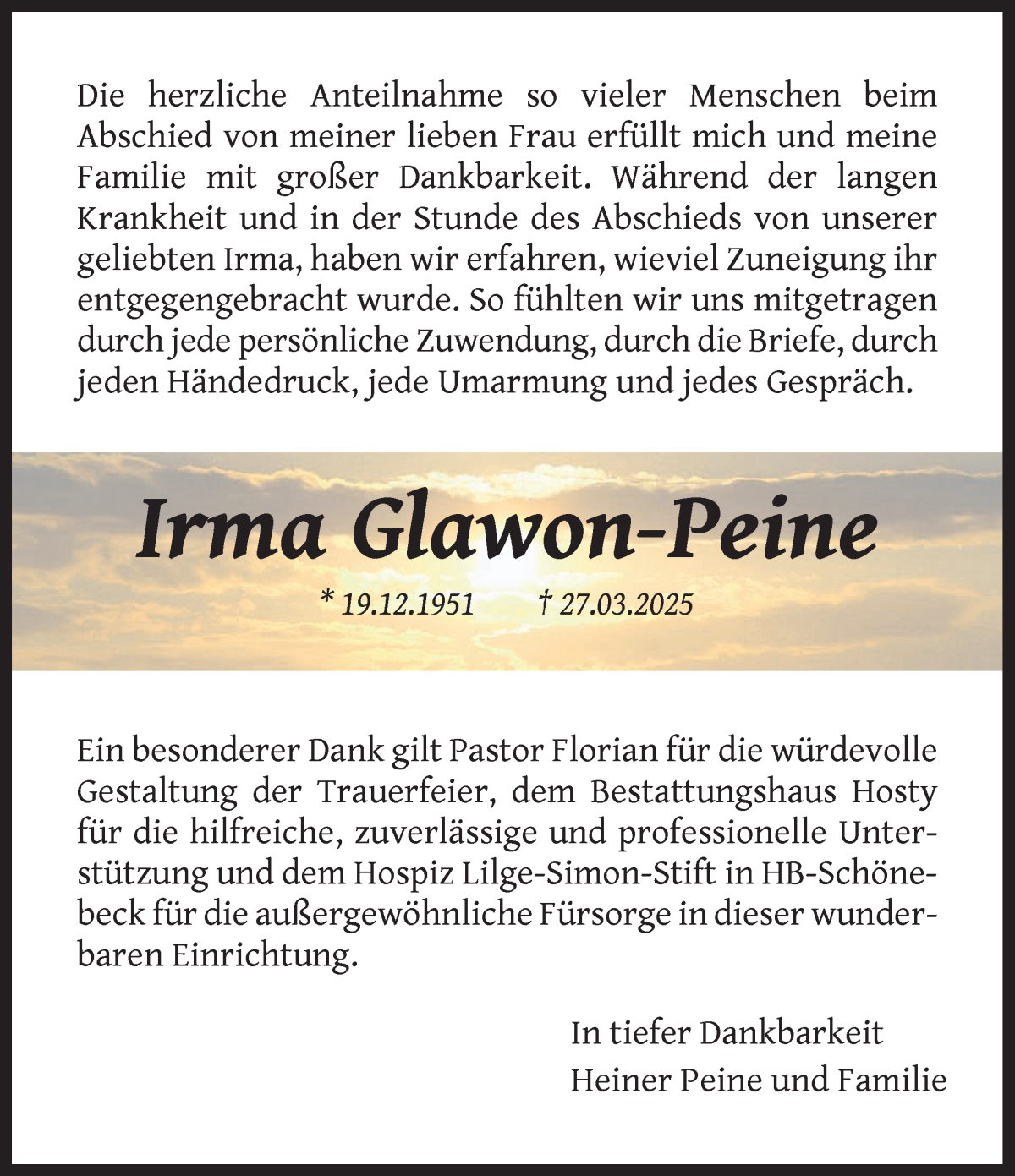 Traueranzeige von Irma Glawon-Peine von Die Norddeutsche