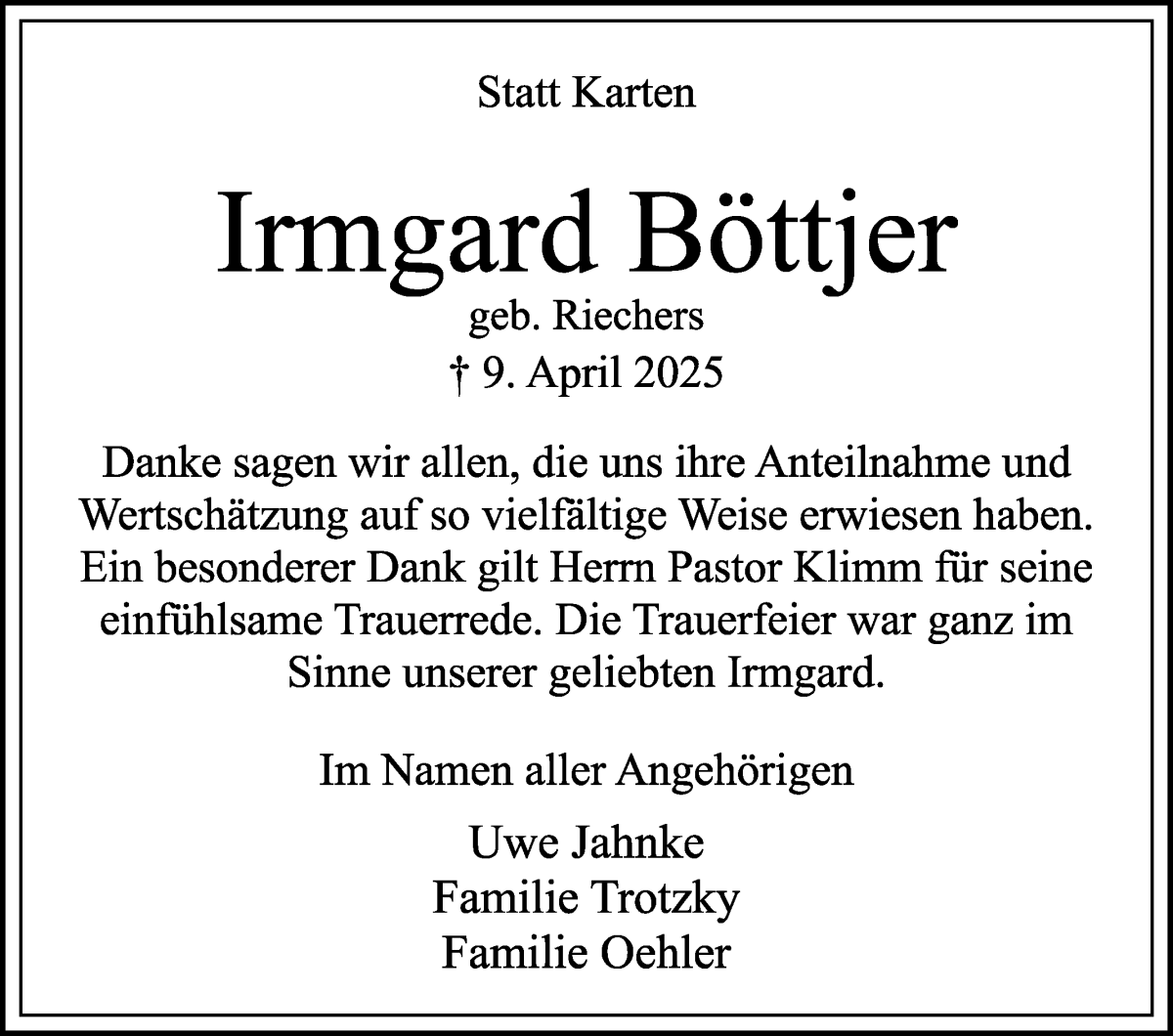 Traueranzeige von Irmgard Böttjer von WESER-KURIER