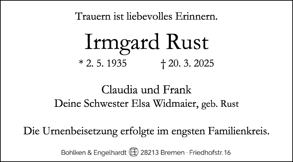 Traueranzeige von Irmgard Rust von WESER-KURIER