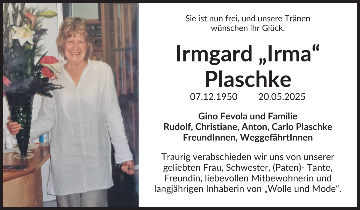 Traueranzeige von Irmgard Irma Plaschke von WESER-KURIER